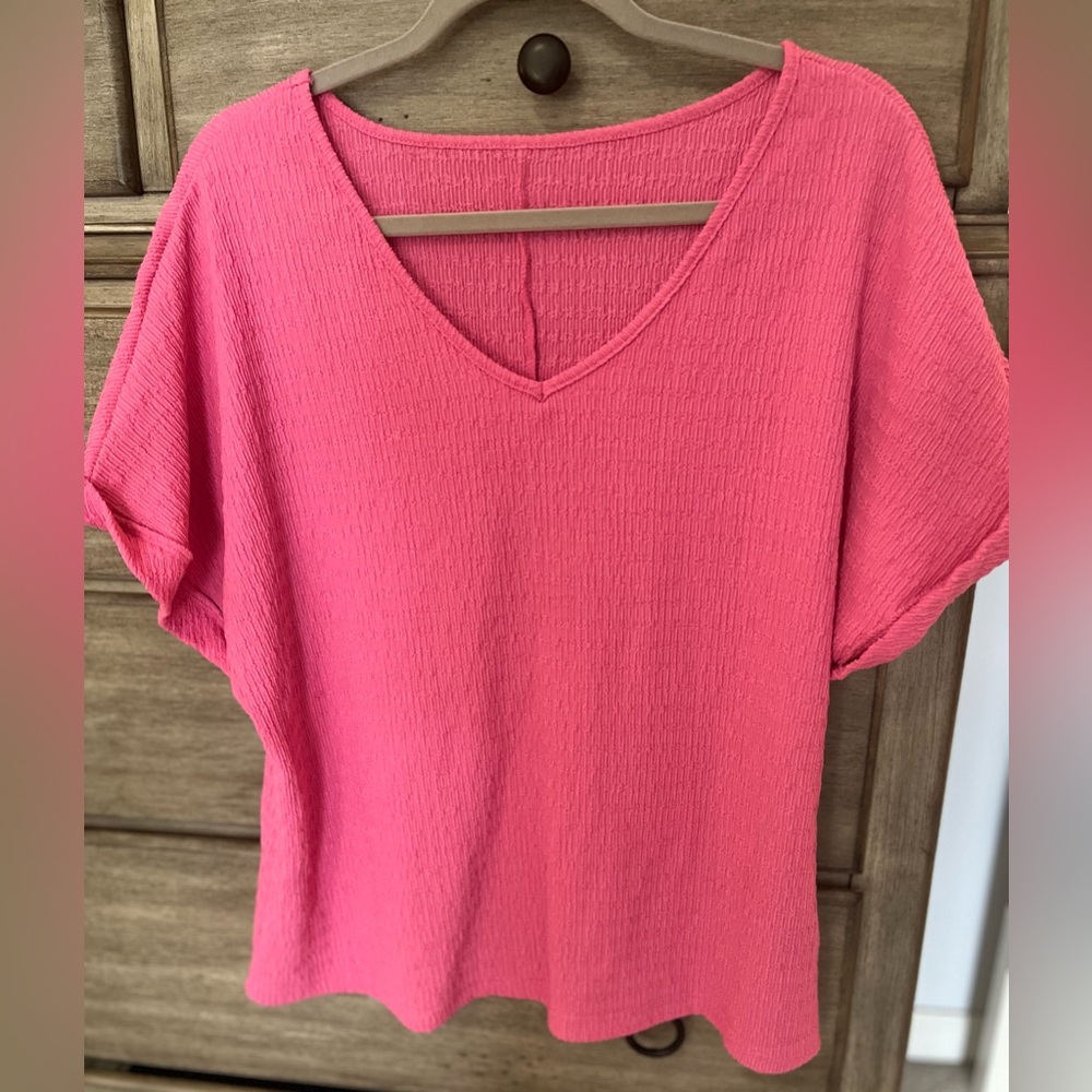 Pink textured v neck blouse size L
